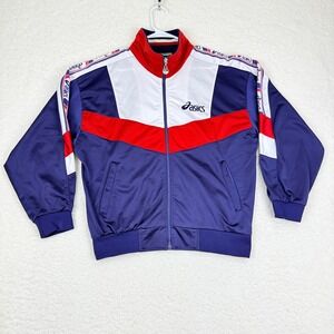 VTG Asics Track Jacket Mens Large Spell Out Logo Full Zip Red White Blue 90s